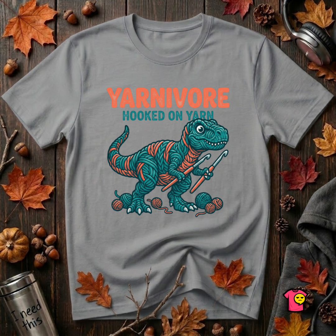 Yarnivore -- Hooked on Yarn crochet t-shirt in Heather Storm by Snarky Sarks