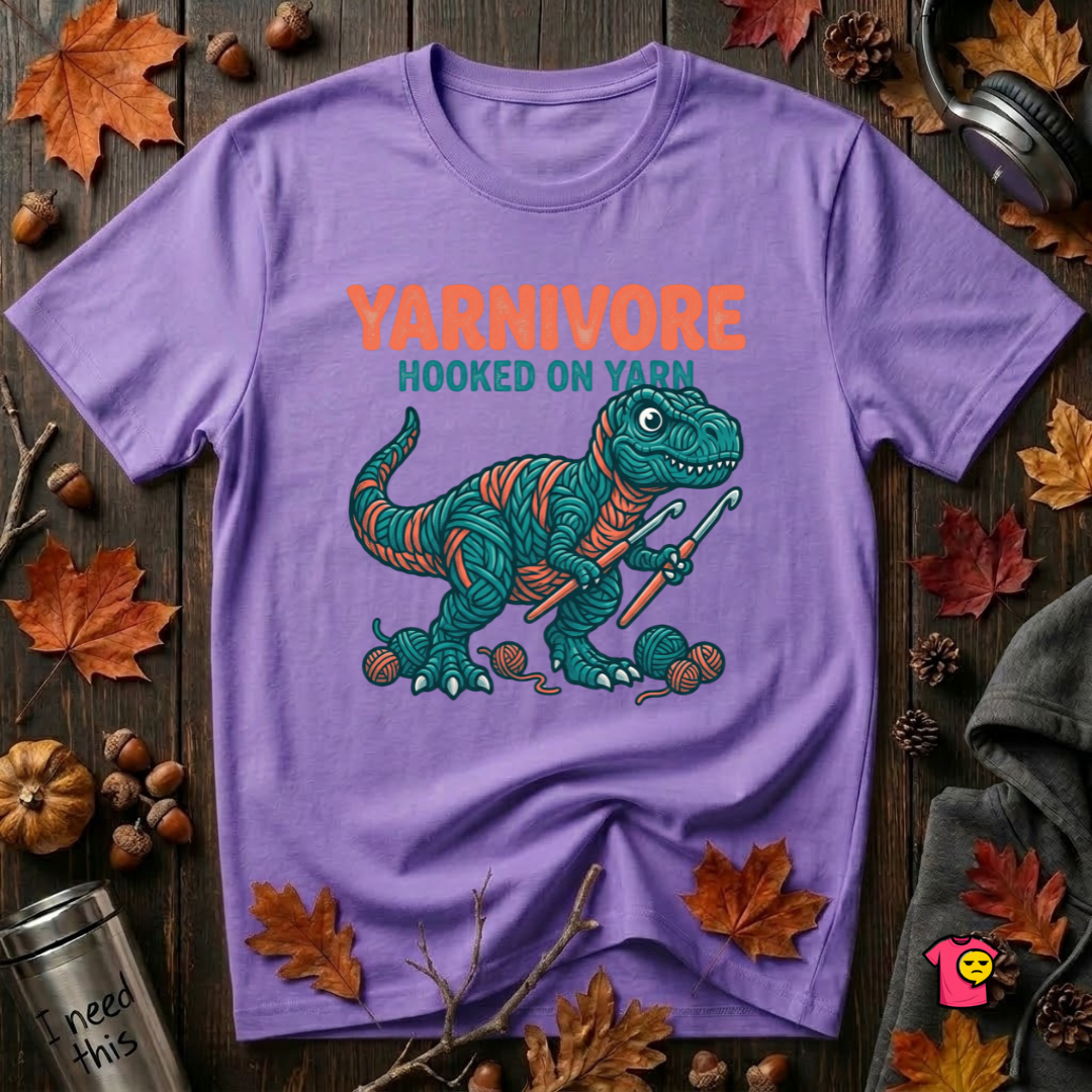 Yarnivore -- Hooked on Yarn crochet t-shirt in Heather Team Purple by Snarky Sarks