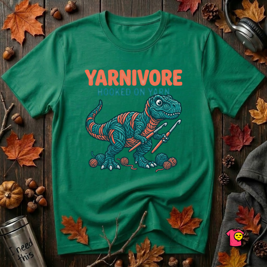Yarnivore -- Hooked on Yarn crochet t-shirt in Kelly by Snarky Sarks