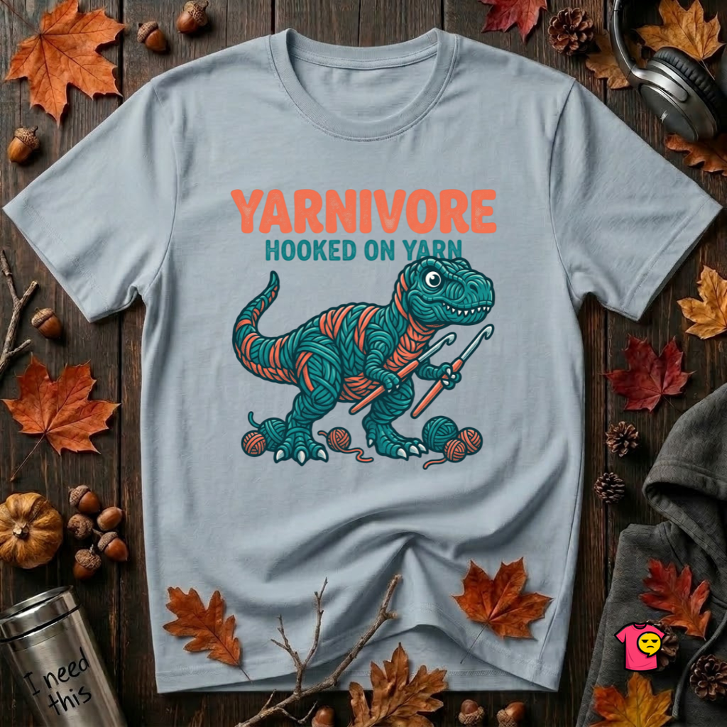 Yarnivore -- Hooked on Yarn crochet t-shirt in Light Blue by Snarky Sarks