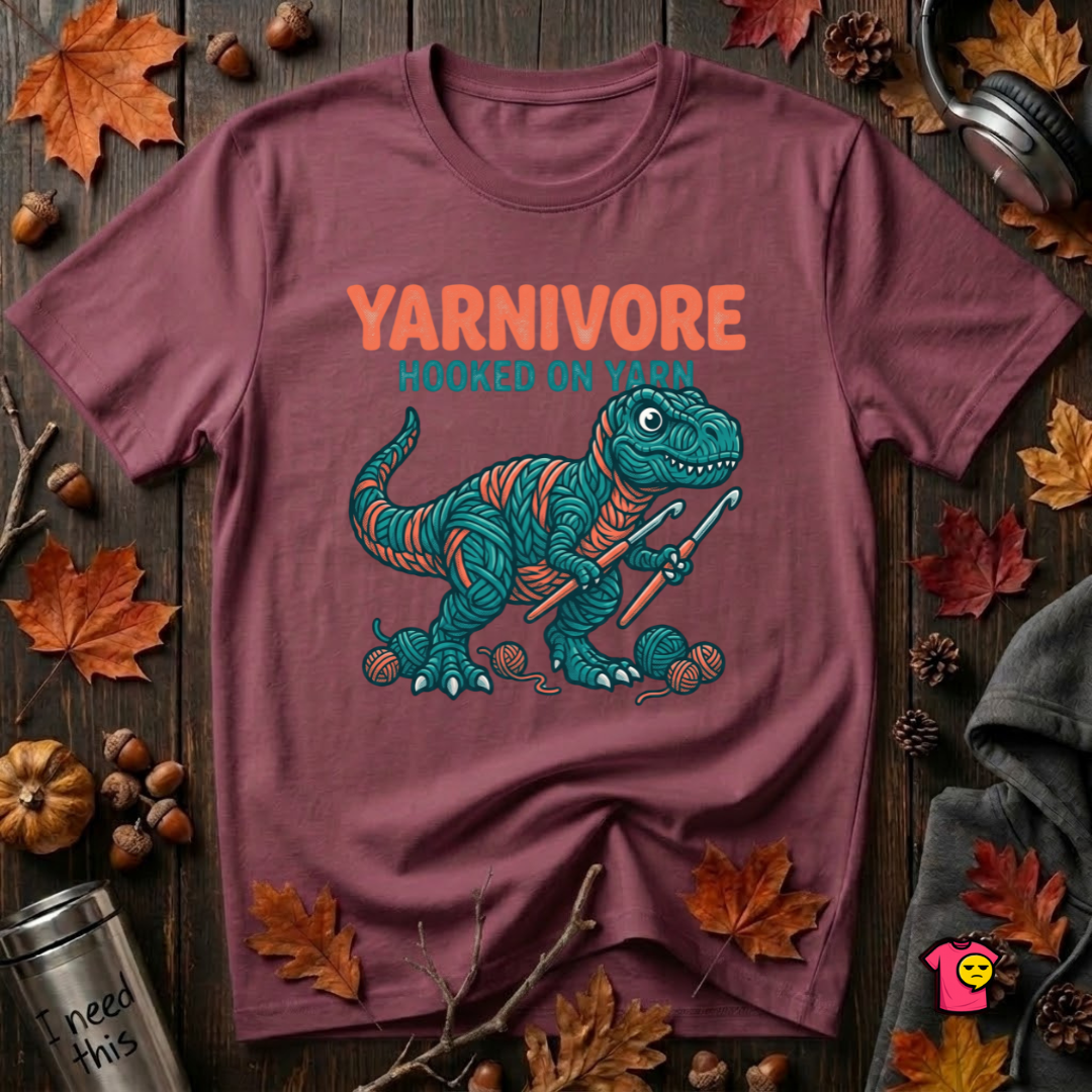 Yarnivore -- Hooked on Yarn crochet t-shirt in Maroon by Snarky Sarks