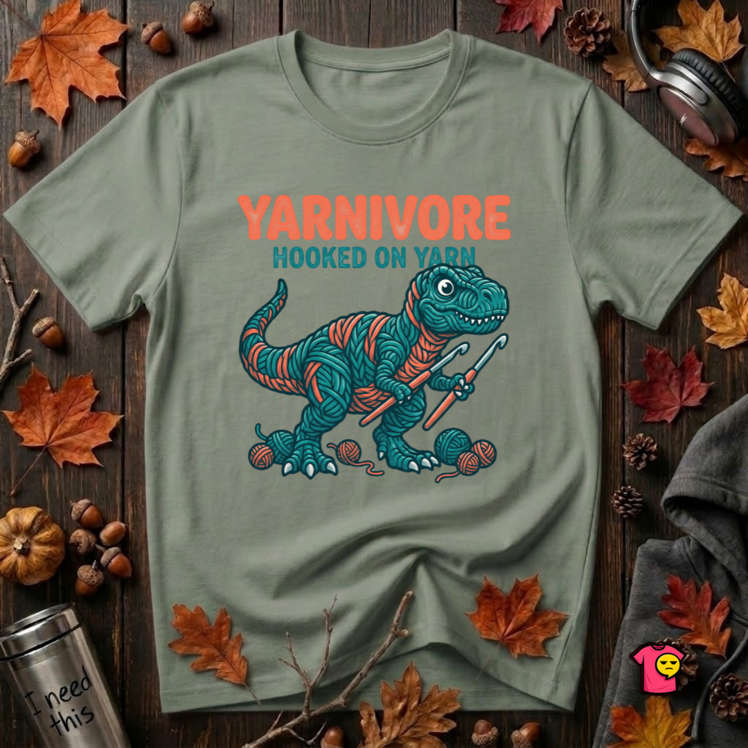 Yarnivore -- Hooked on Yarn crochet t-shirt in Military Green by Snarky Sarks