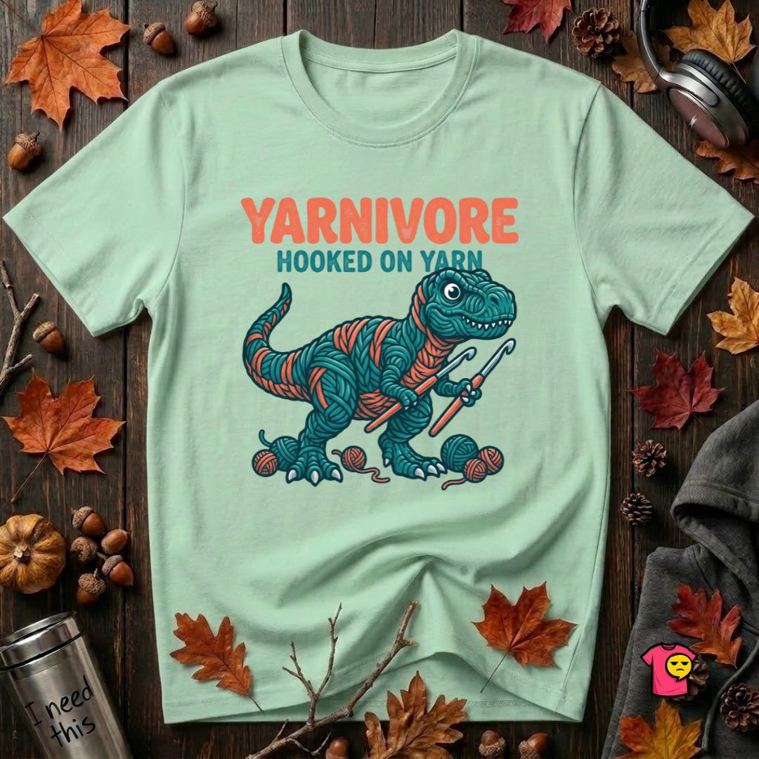 Yarnivore -- Hooked on Yarn crochet t-shirt in Mint by Snarky Sarks