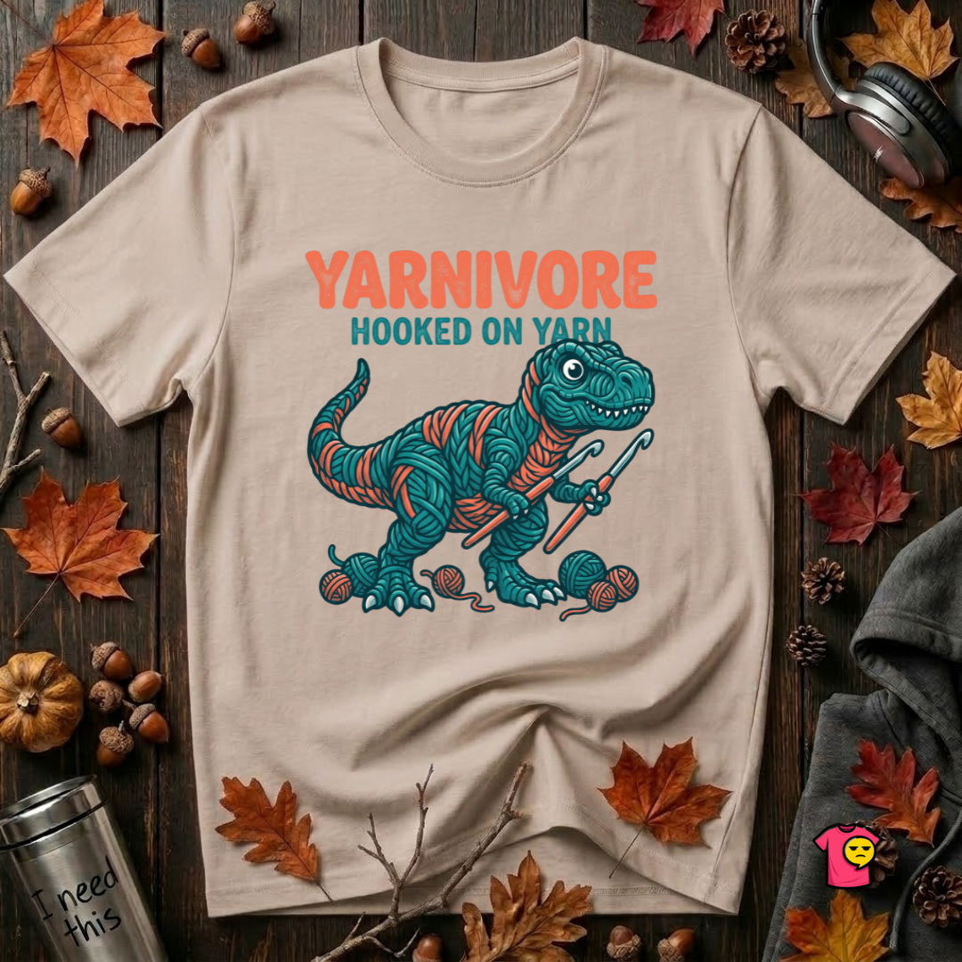 Yarnivore -- Hooked on Yarn crochet t-shirt in Natural by Snarky Sarks