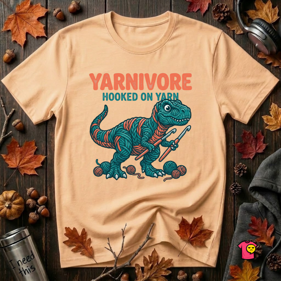 Yarnivore -- Hooked on Yarn crochet t-shirt in Peach by Snarky Sarks