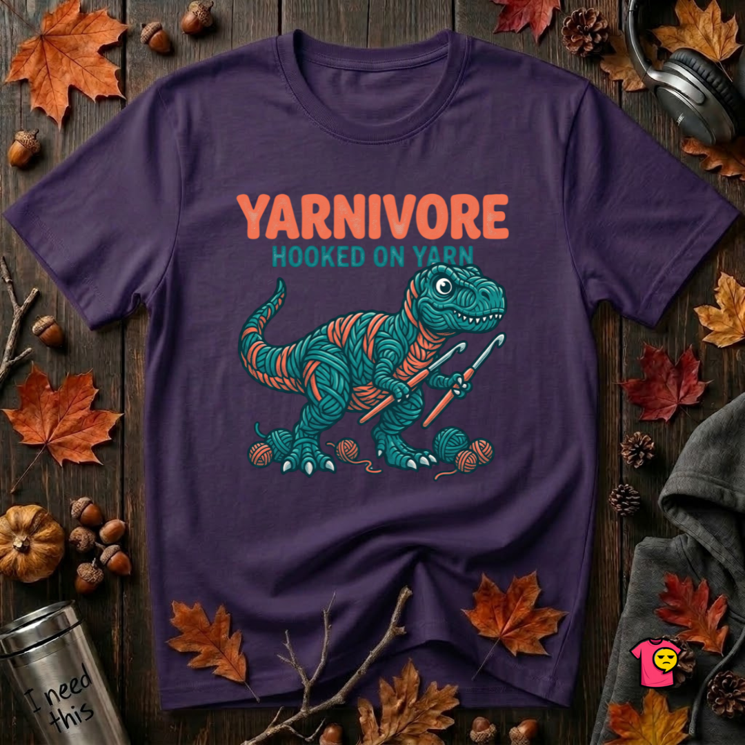 Yarnivore -- Hooked on Yarn crochet dinosaur graphic t-shirt in Purple by Snarky Sarks