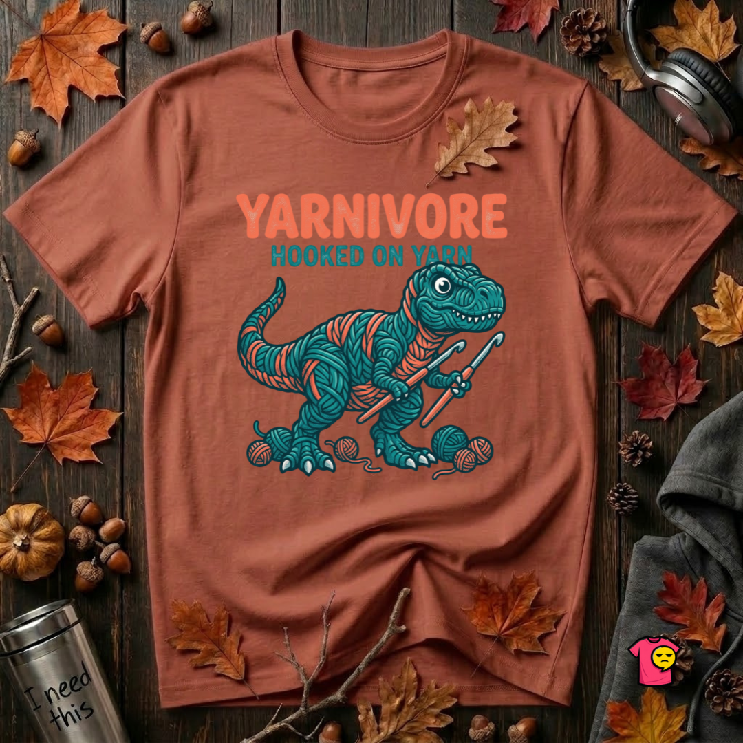 Yarnivore -- Hooked on Yarn crochet t-shirt in Rust by Snarky Sarks