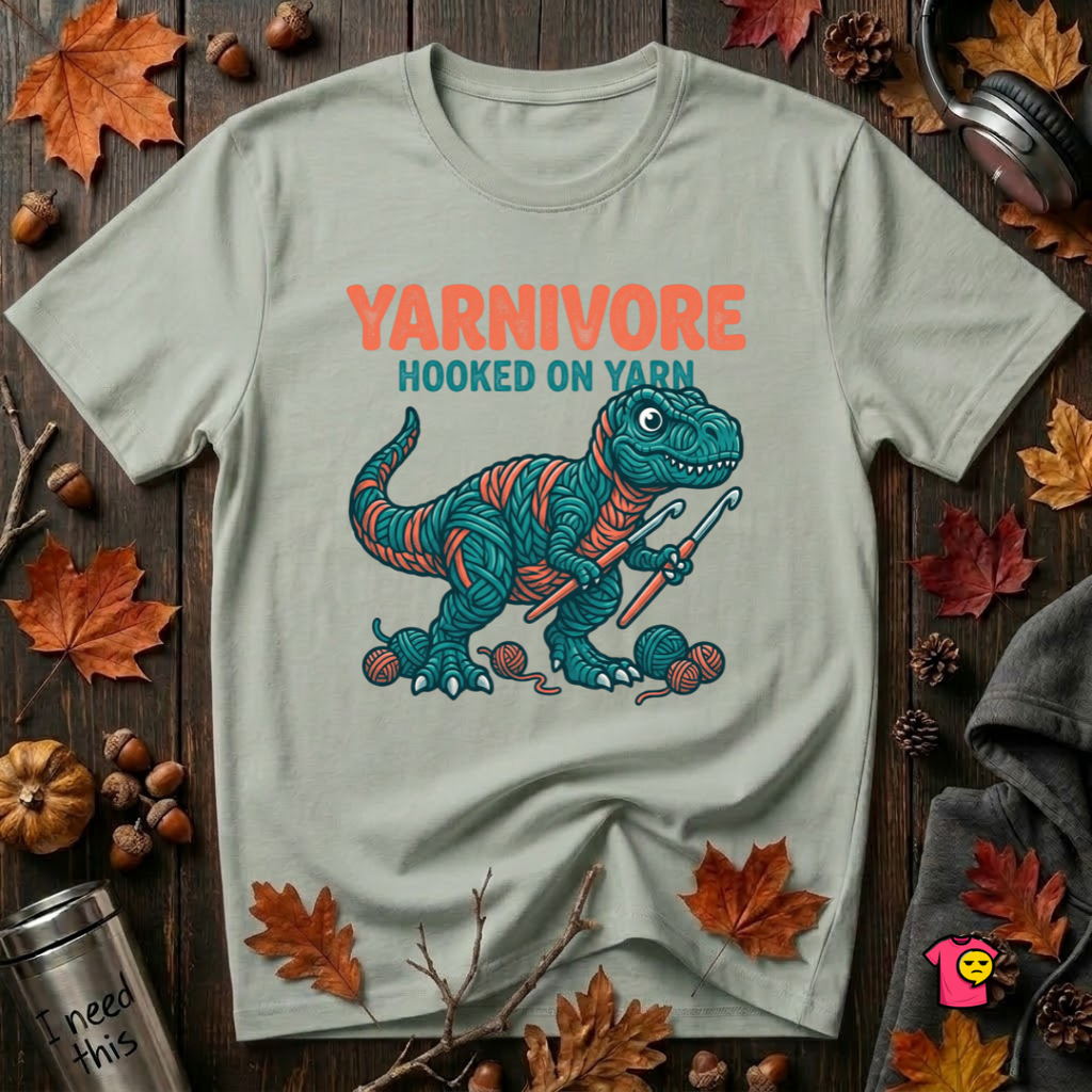 Yarnivore -- Hooked on Yarn crochet t-shirt in Sage by Snarky Sarks