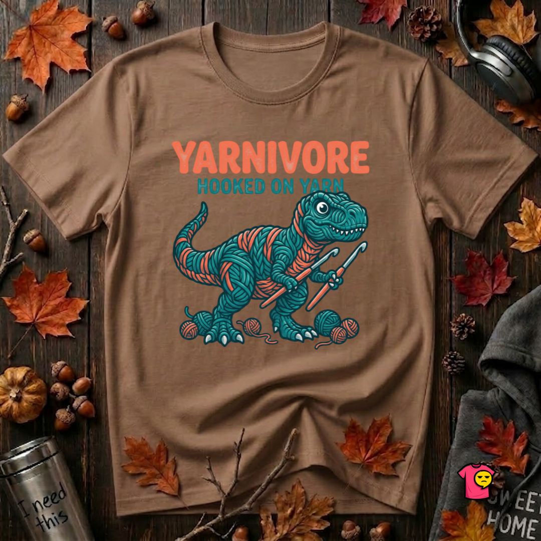 Yarnivore -- Hooked on Yarn crochet t-shirt in Sand Dune by Snarky Sarks