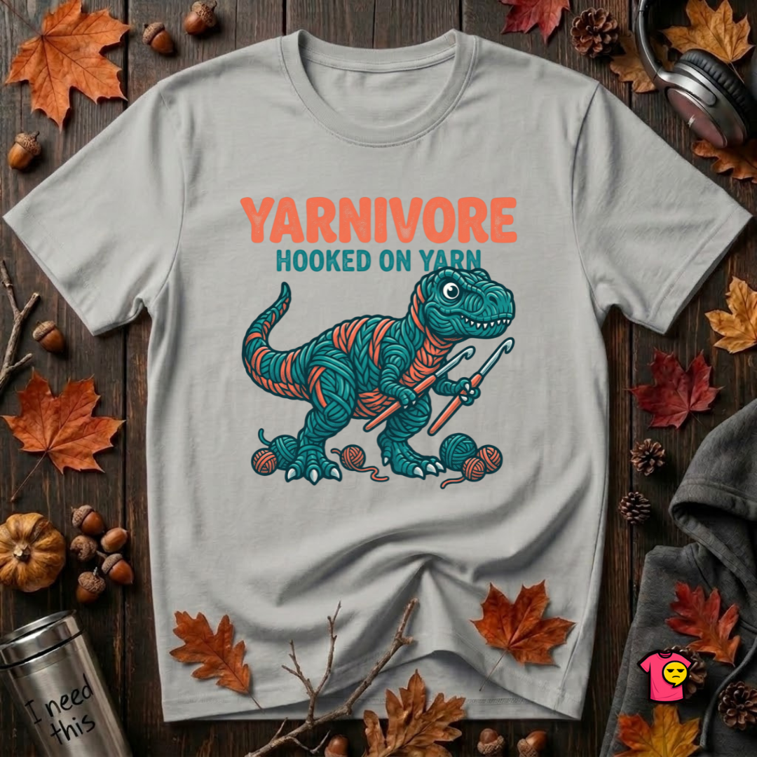 Yarnivore -- Hooked on Yarn crochet t-shirt in Silver by Snarky Sarks