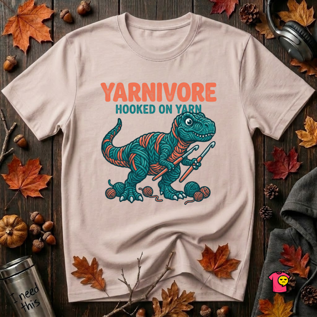 Yarnivore -- Hooked on Yarn crochet t-shirt in Soft Pink by Snarky Sarks