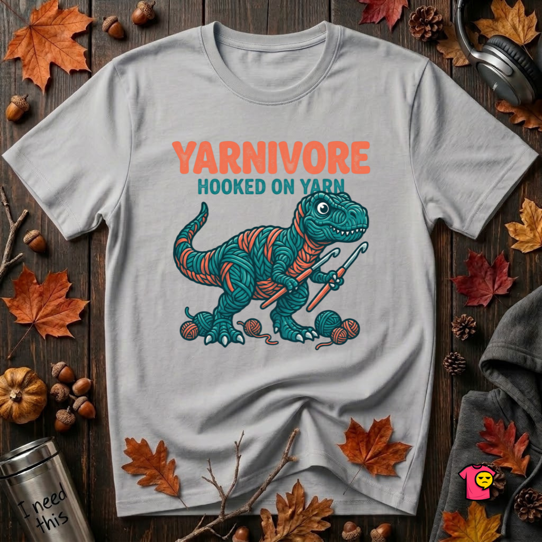 Yarnivore -- Hooked on Yarn crochet t-shirt in Solid Athletic Gray by Snarky Sarks