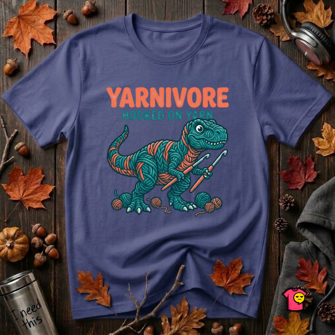 Yarnivore -- Hooked on Yarn crochet t-shirt in Team Navy by Snarky Sarks