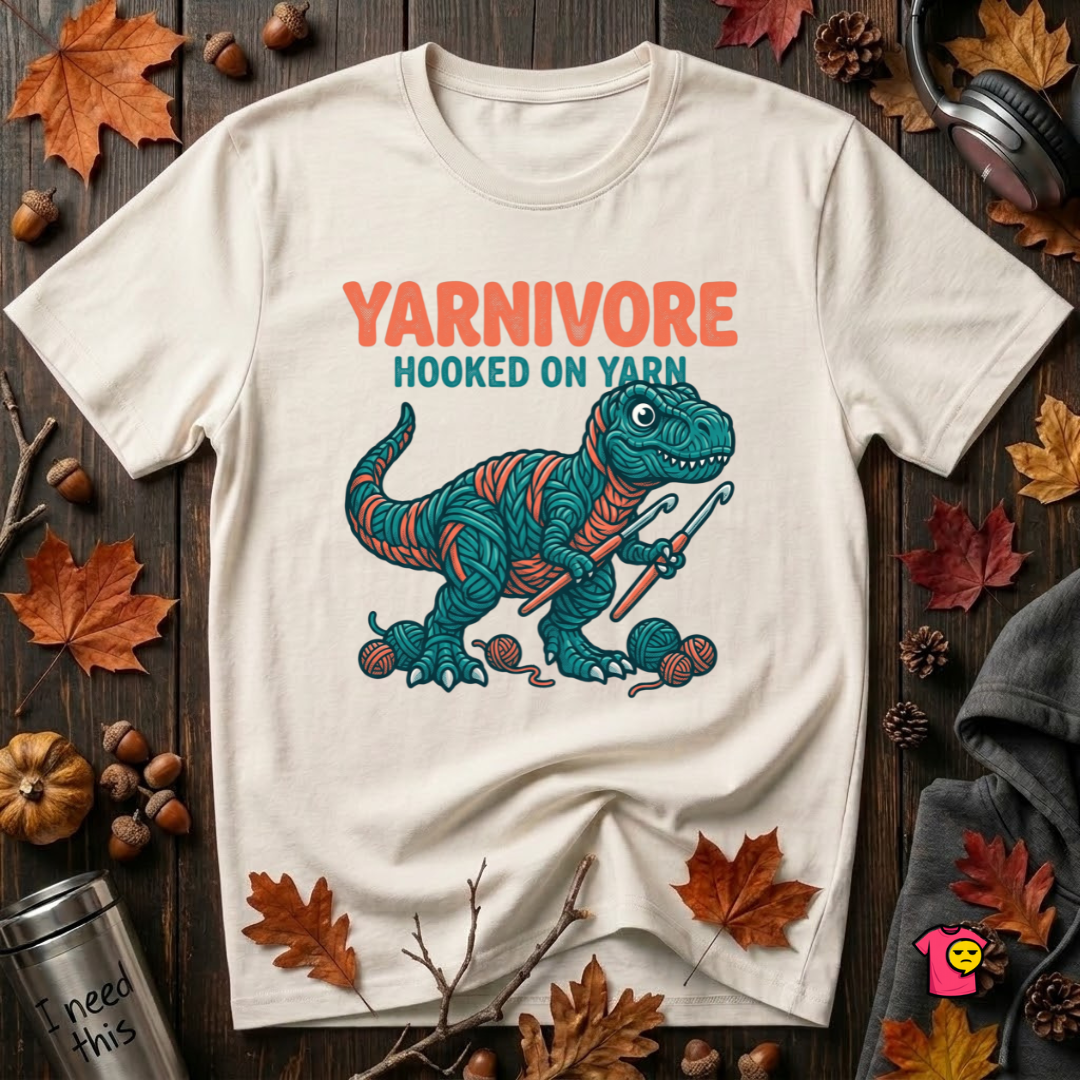 Yarnivore -- Hooked on Yarn crochet t-shirt in White by Snarky Sarks