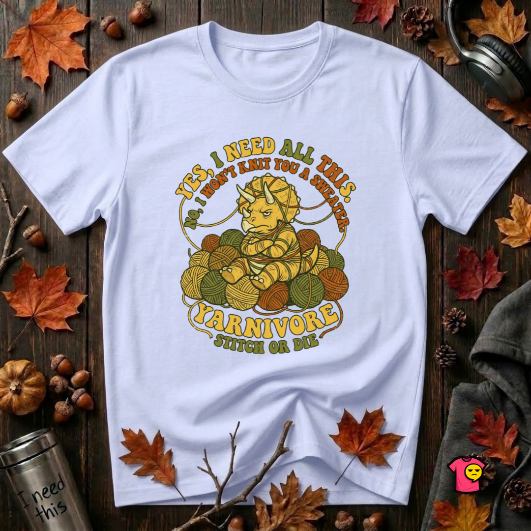 Yarnivore -- Yes, I Need all This knitting t-shirt in Ash by Snarky Sarks