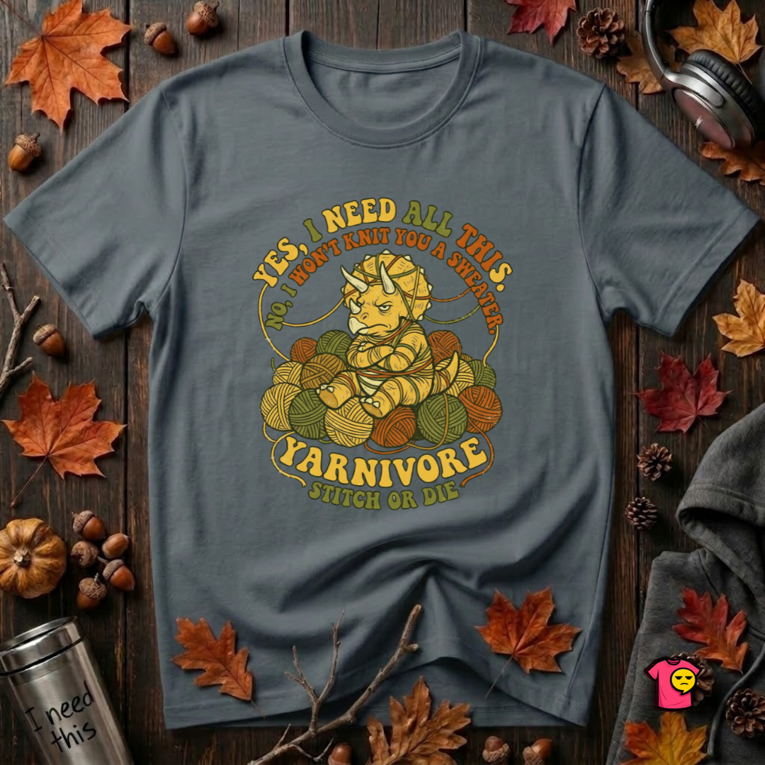 Yarnivore -- Yes, I Need all This knitting t-shirt in Dark Gray by Snarky Sarks
