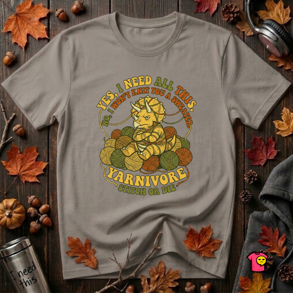 Yarnivore -- Yes, I Need all This knitting t-shirt in Deep Heather by Snarky Sarks