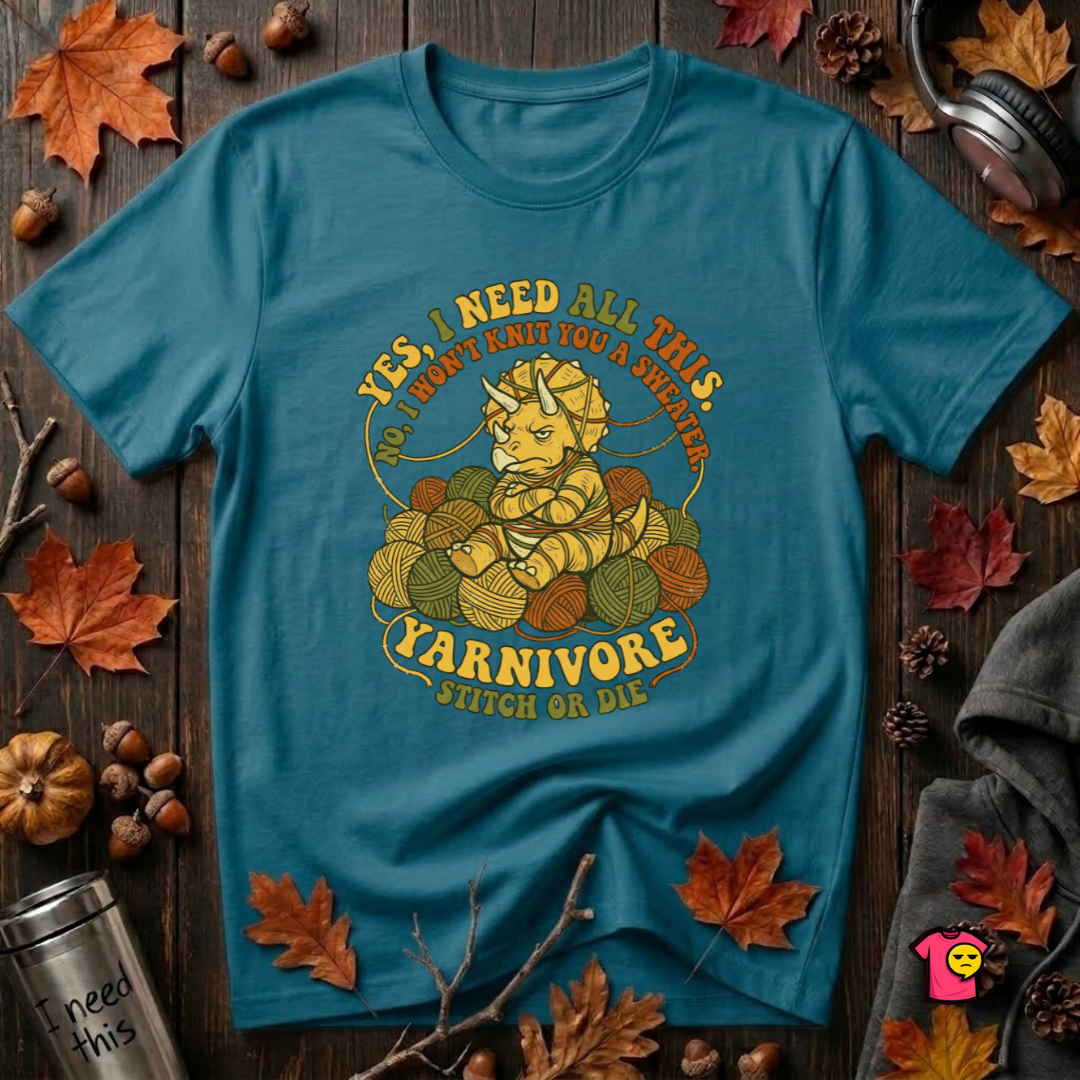 Yarnivore -- Yes, I Need all This knitting t-shirt in Deep Teal by Snarky Sarks
