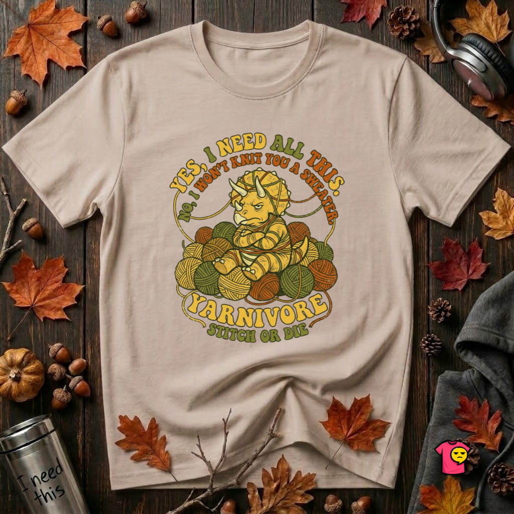 Yarnivore -- Yes, I Need all This knitting t-shirt in Natural by Snarky Sarks