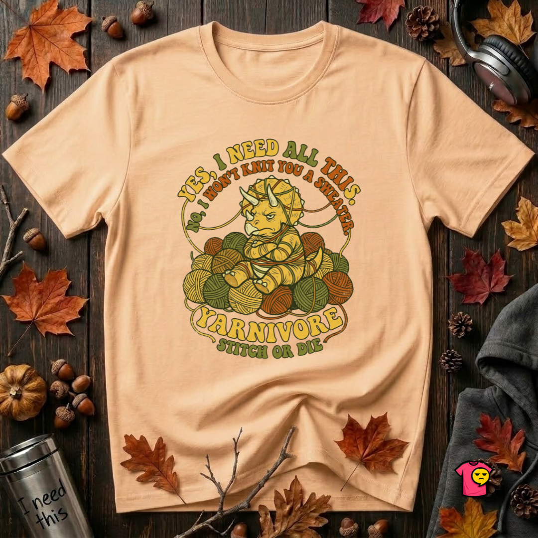 Yarnivore -- Yes, I Need all This knitting t-shirt in Peach by Snarky Sarks