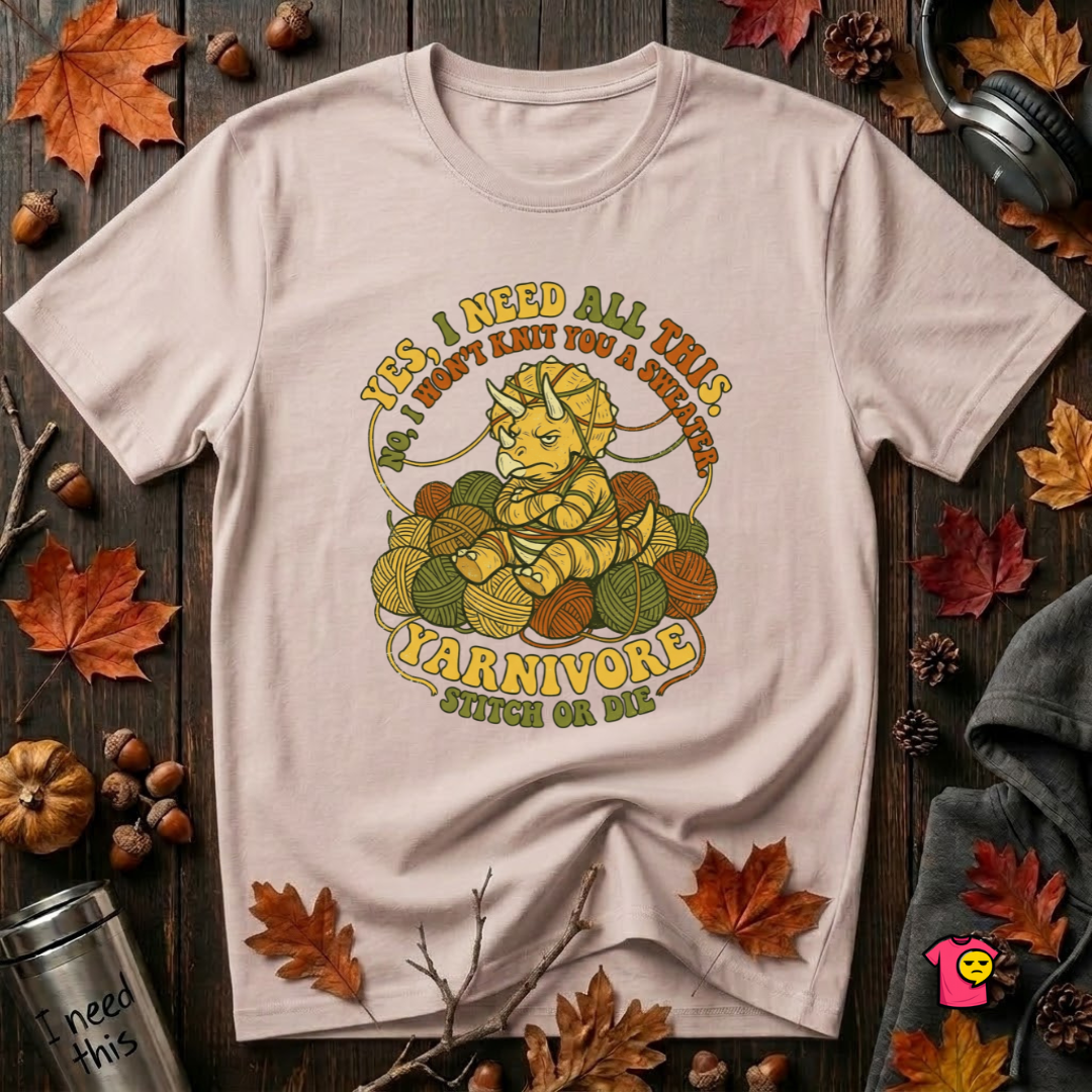 Yarnivore -- Yes, I Need all This knitting t-shirt in Soft Pink by Snarky Sarks