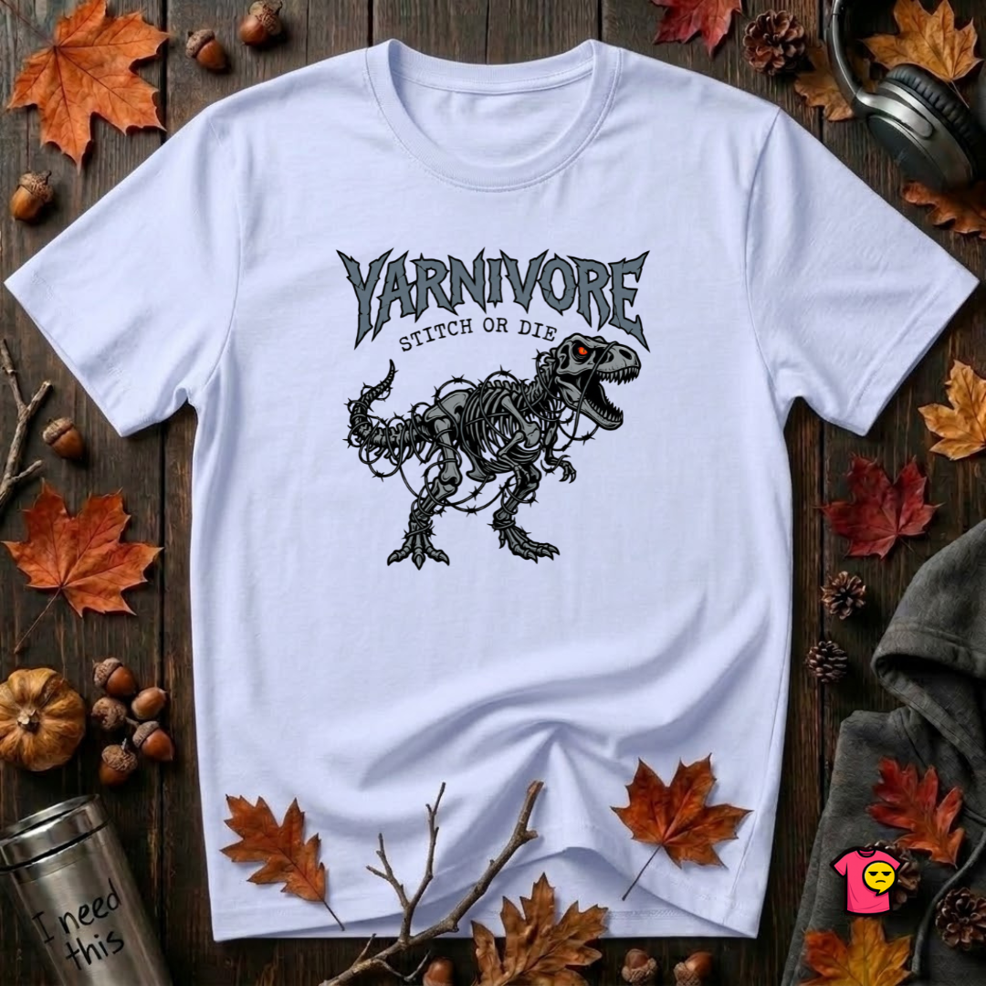 Yarnivore Stitch or Die knitting t-shirt in Ash by Snarky Sarks