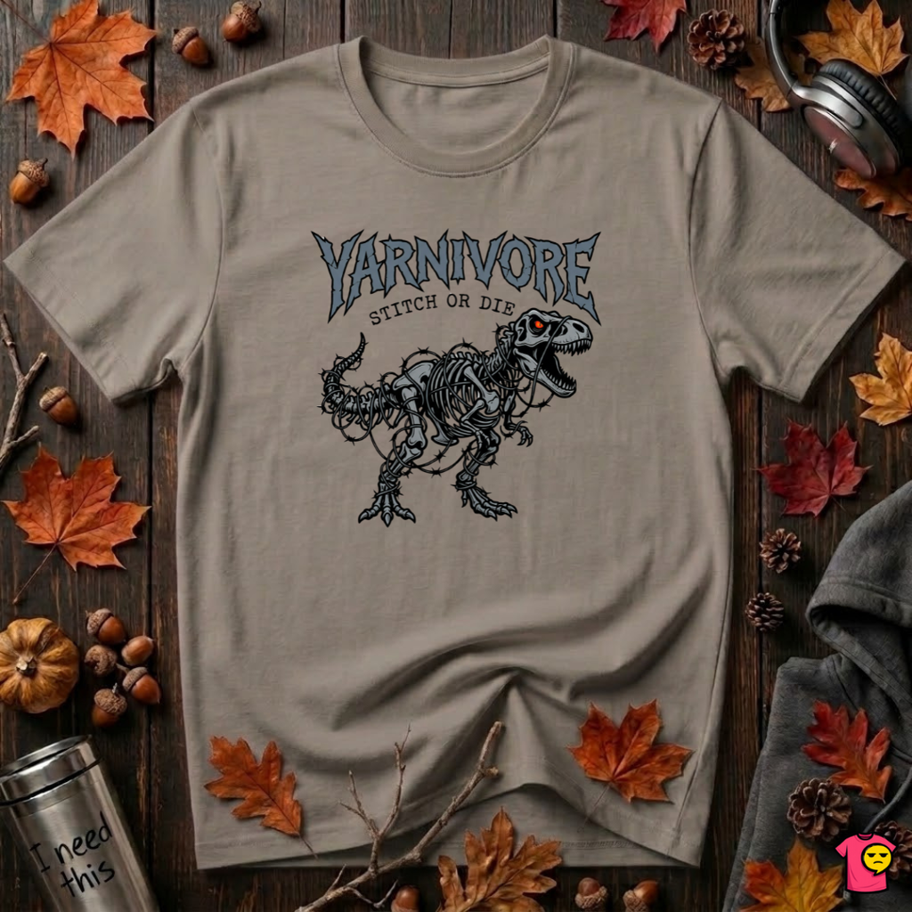 Yarnivore Stitch or Die knitting t-shirt in Asphalt by Snarky Sarks