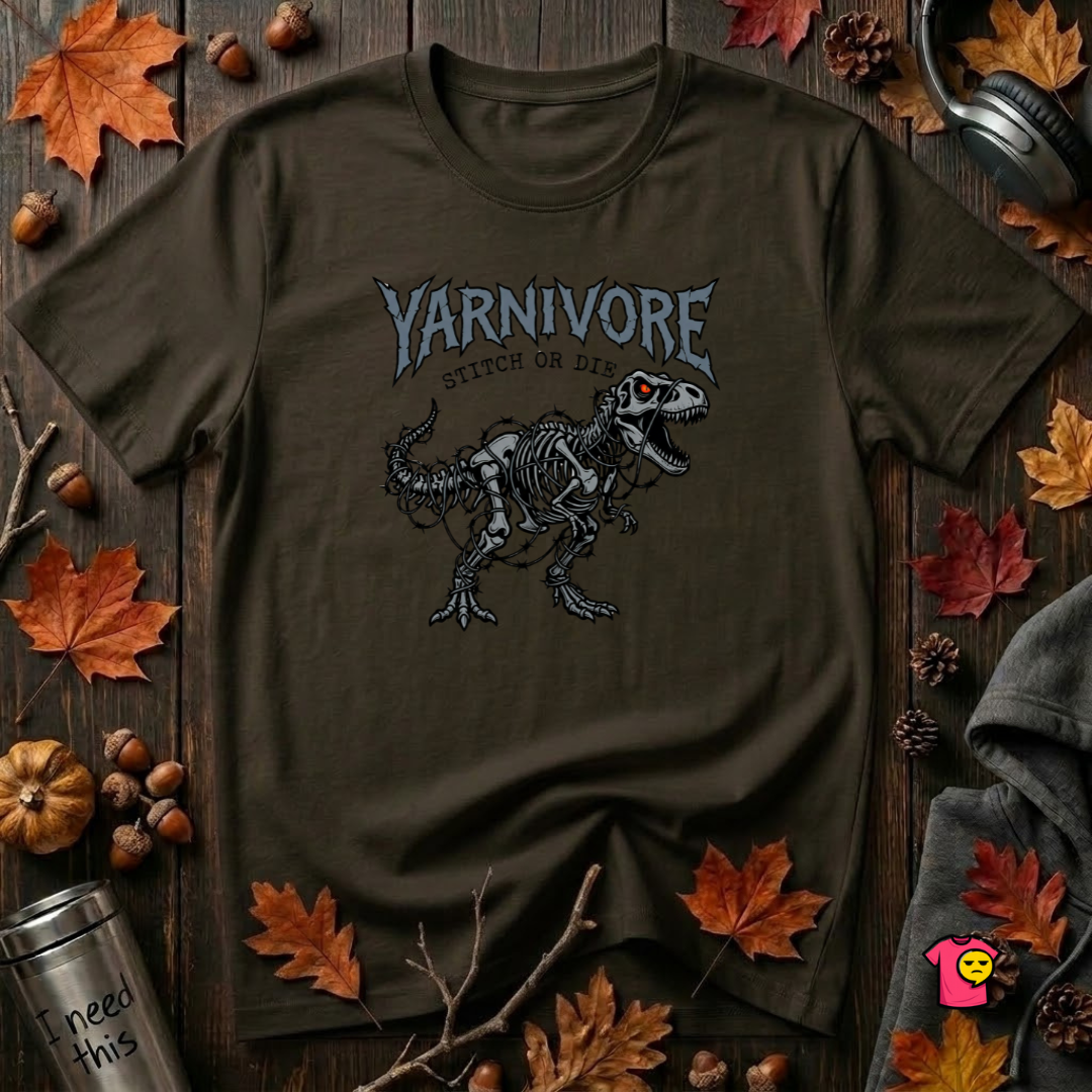 Yarnivore Stitch or Die knitting t-shirt in Black by Snarky Sarks