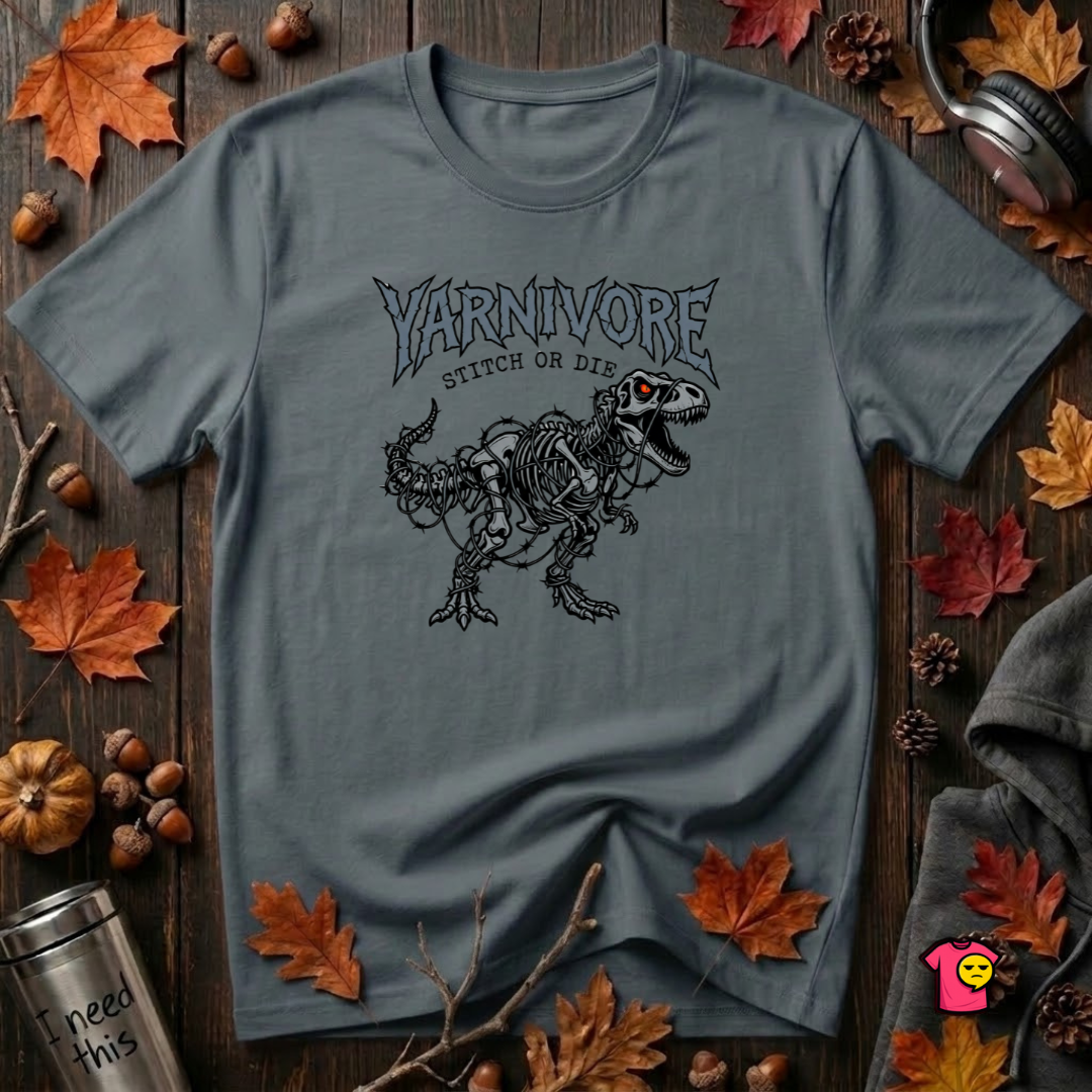 Yarnivore Stitch or Die knitting t-shirt in Dark Gray by Snarky Sarks