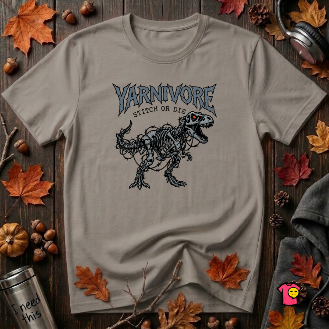 Yarnivore Stitch or Die knitting t-shirt in Deep Heather by Snarky Sarks