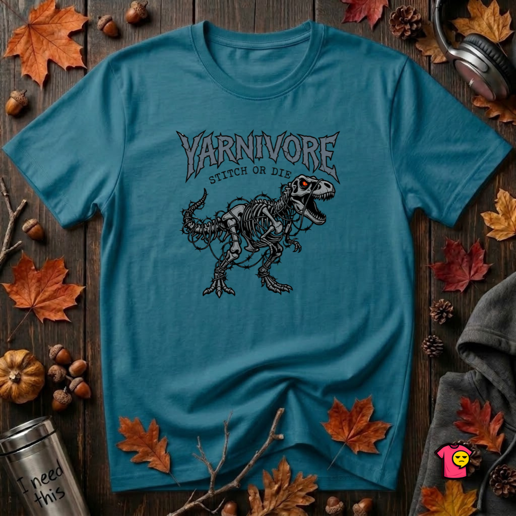 Yarnivore Stitch or Die knitting t-shirt in Deep Teal by Snarky Sarks
