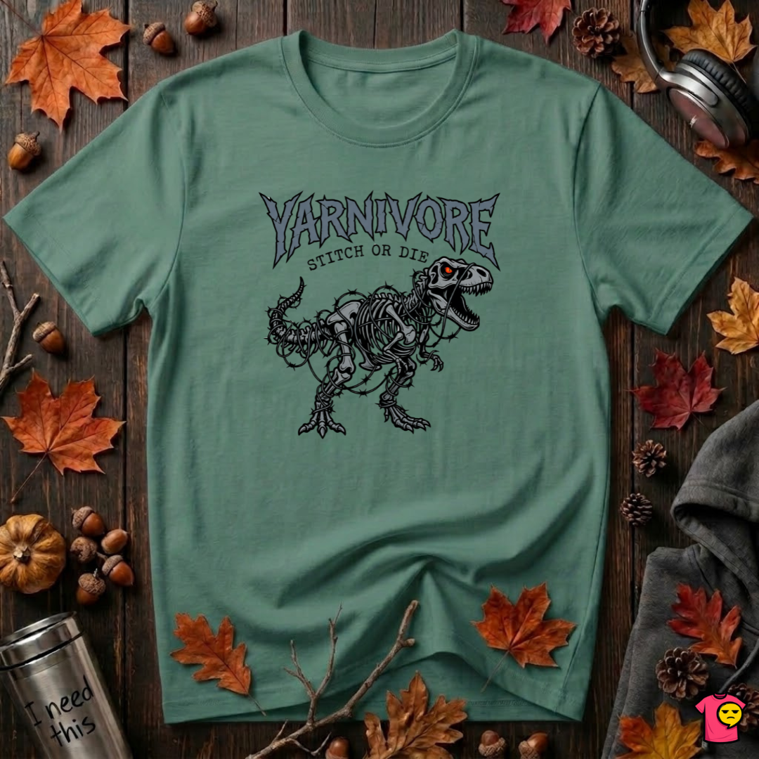 Yarnivore Stitch or Die knitting t-shirt in Grass Green by Snarky Sarks