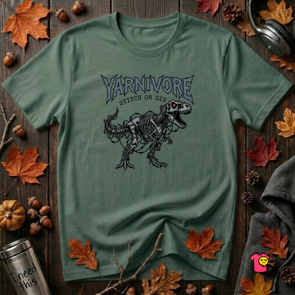 Yarnivore Stitch or Die knitting t-shirt in Heather Forest by Snarky Sarks