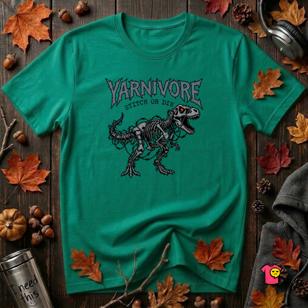 Yarnivore Stitch or Die knitting t-shirt in Heather Kelly by Snarky Sarks