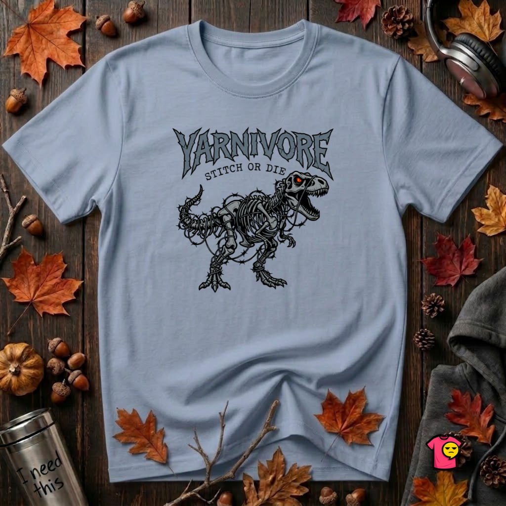 Yarnivore Stitch or Die knitting t-shirt in Heather Prism Blue by Snarky Sarks