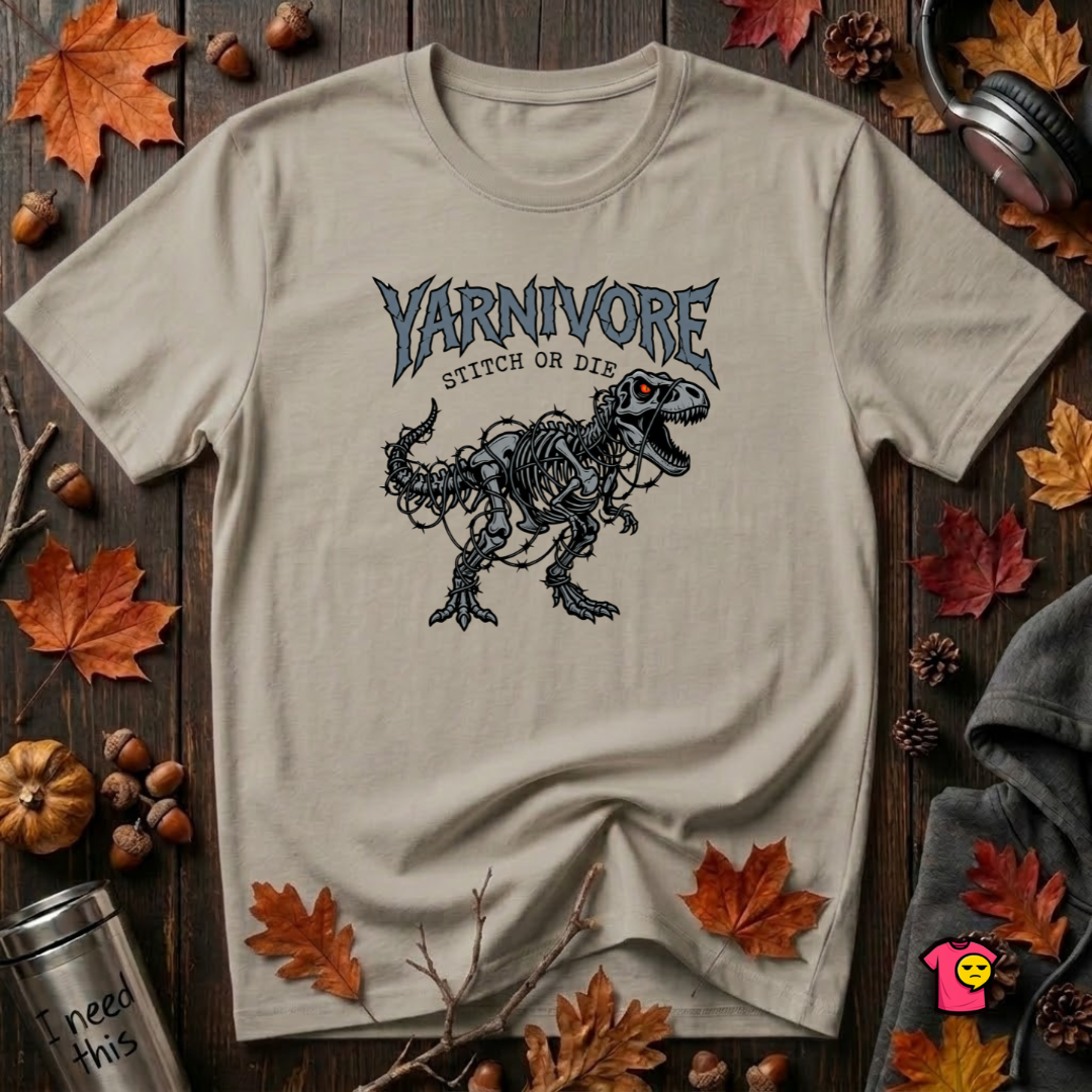 Yarnivore Stitch or Die knitting t-shirt in Heather Stone by Snarky Sarks
