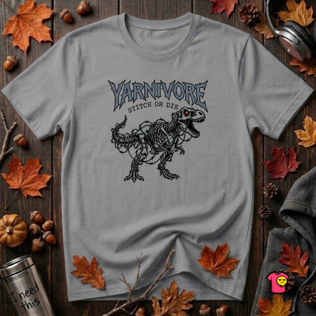 Yarnivore Stitch or Die knitting t-shirt in Heather Storm by Snarky Sarks