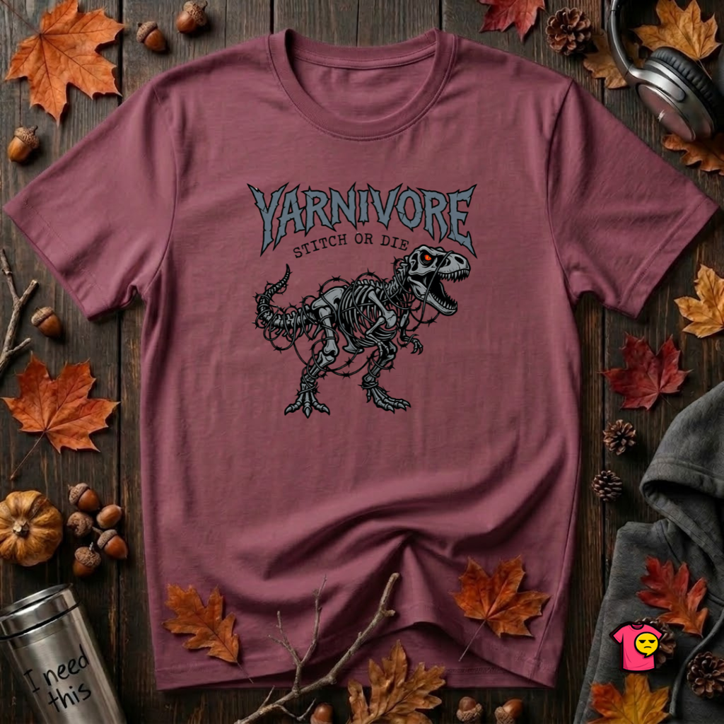 Yarnivore Stitch or Die knitting t-shirt in Maroon by Snarky Sarks