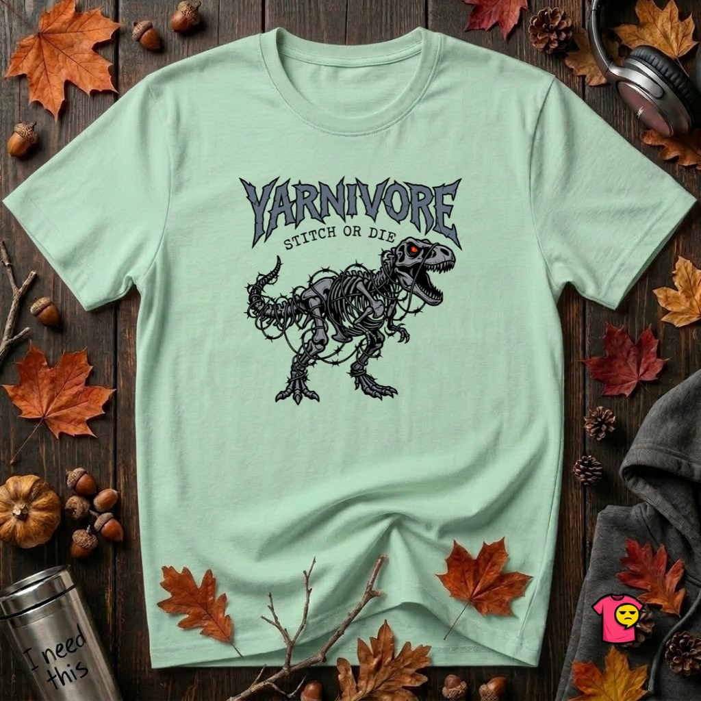 Yarnivore Stitch or Die knitting t-shirt in Mint by Snarky Sarks