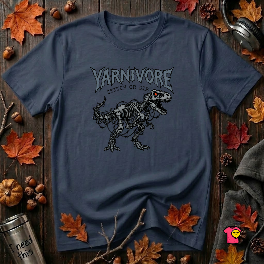 Yarnivore Stitch or Die knitting t-shirt in Navy by Snarky Sarks