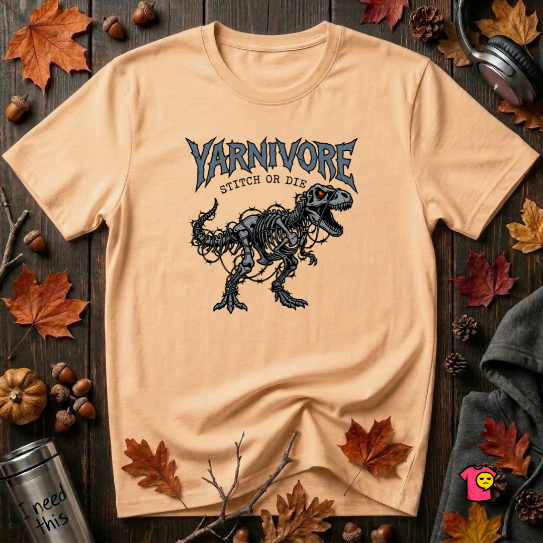Yarnivore Stitch or Die knitting t-shirt in Peach by Snarky Sarks