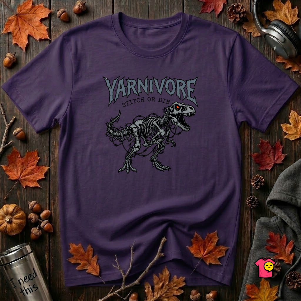Yarnivore Stitch or Die knitting t-shirt in Purple by Snarky Sarks