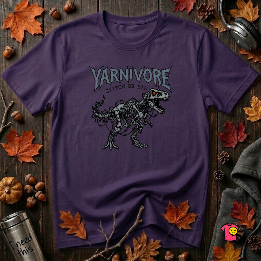 Yarnivore Stitch or Die knitting t-shirt in Purple by Snarky Sarks