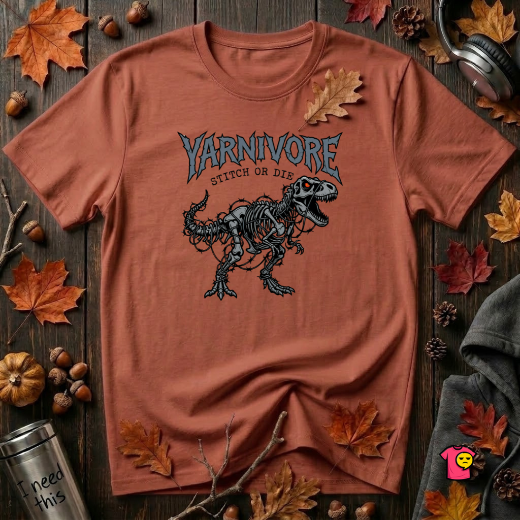 Yarnivore Stitch or Die knitting t-shirt in Rust by Snarky Sarks