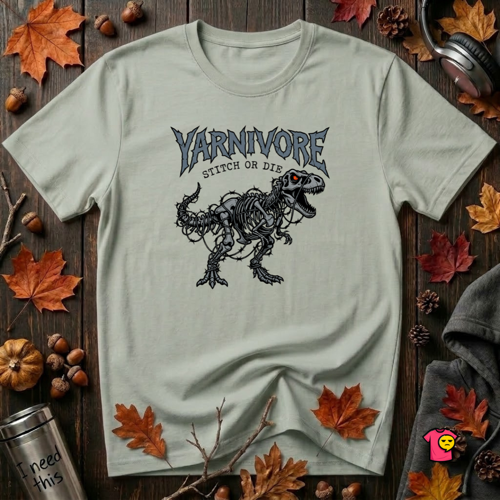 Yarnivore Stitch or Die knitting t-shirt in Sage by Snarky Sarks
