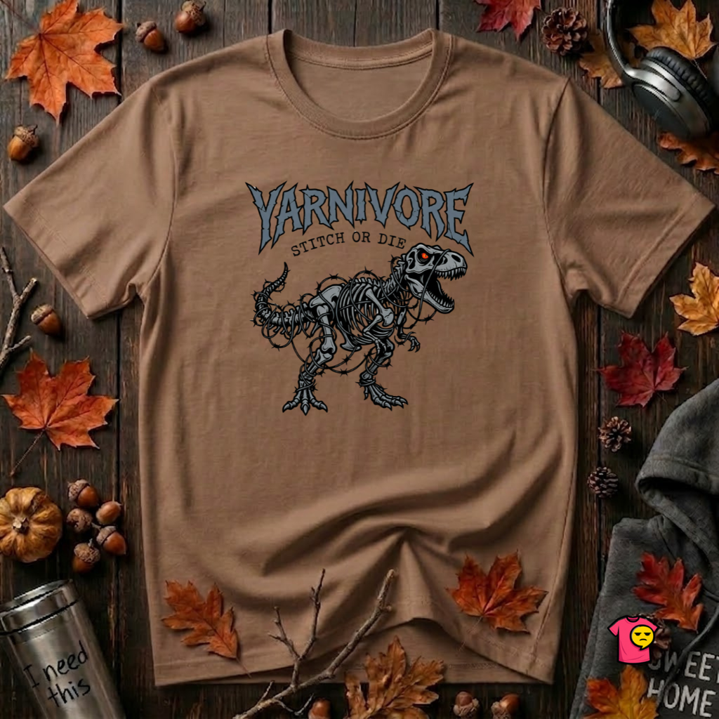 Yarnivore Stitch or Die knitting t-shirt in Sand Dune by Snarky Sarks