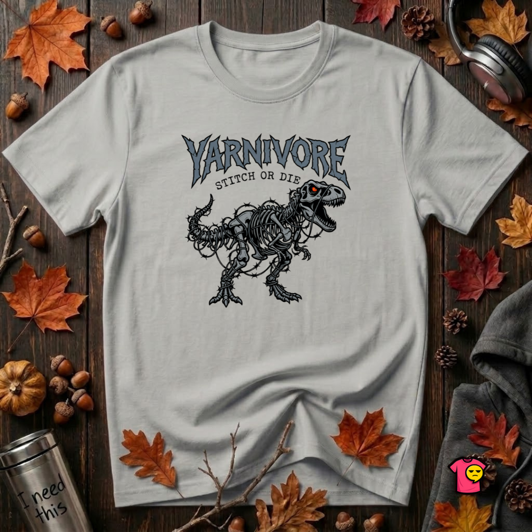 Yarnivore Stitch or Die knitting t-shirt in Silver by Snarky Sarks