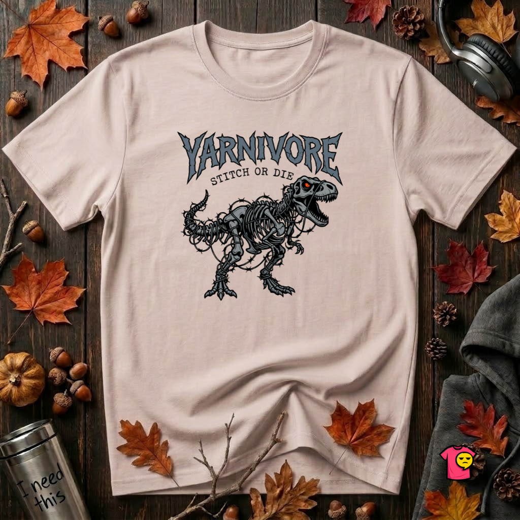 Yarnivore Stitch or Die knitting t-shirt in Soft Pink by Snarky Sarks