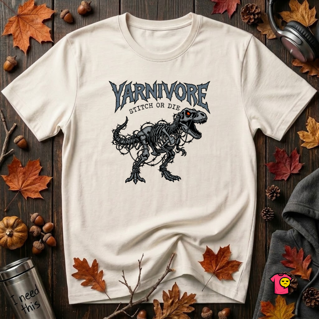 Yarnivore Stitch or Die knitting dinosaur graphic t-shirt in White by Snarky Sarks
