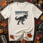 Yarnivore Stitch or Die knitting dinosaur graphic t-shirt in White by Snarky Sarks